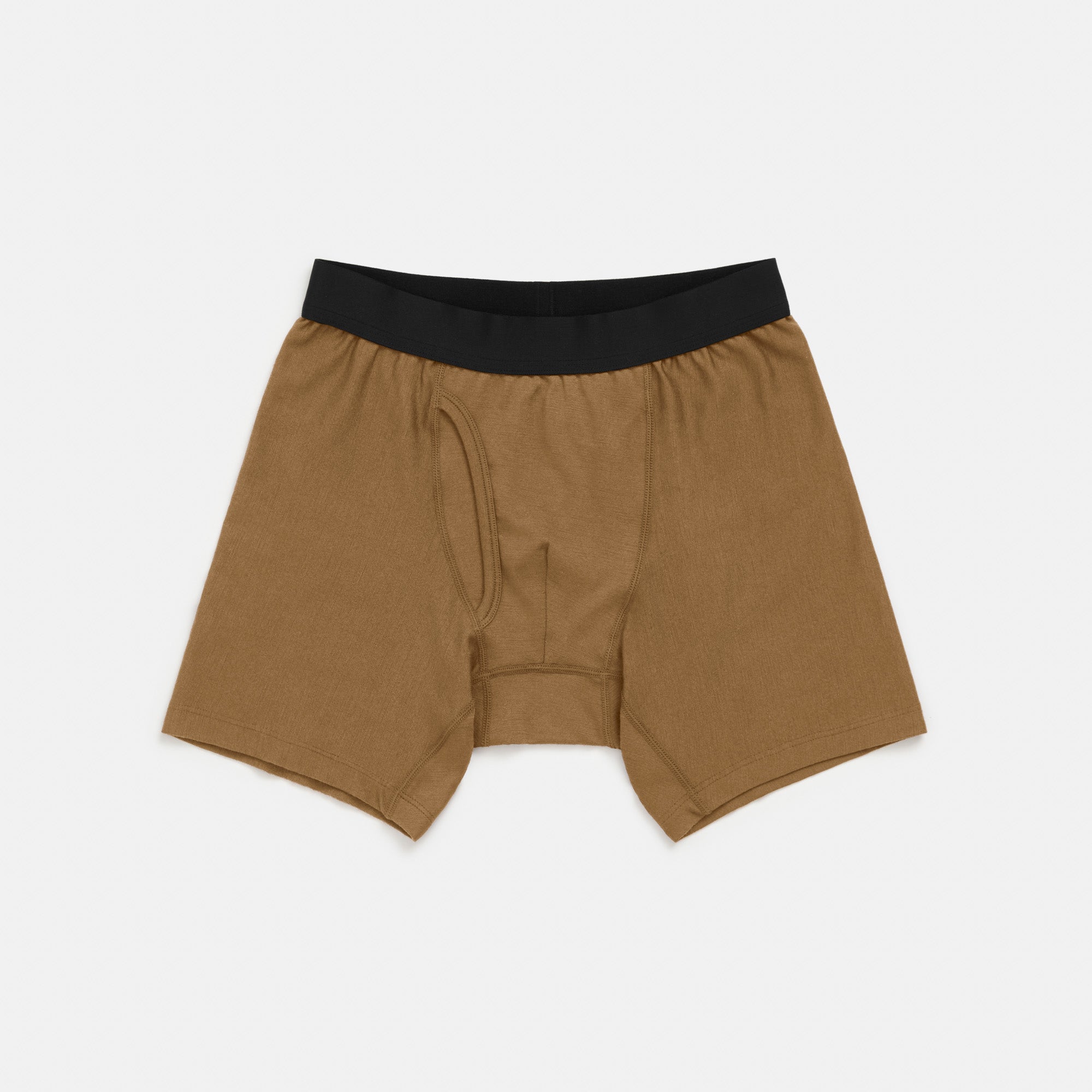 Laydown of merino wool boxer briefs in Cedarwood, available in sizes XS-XXL.