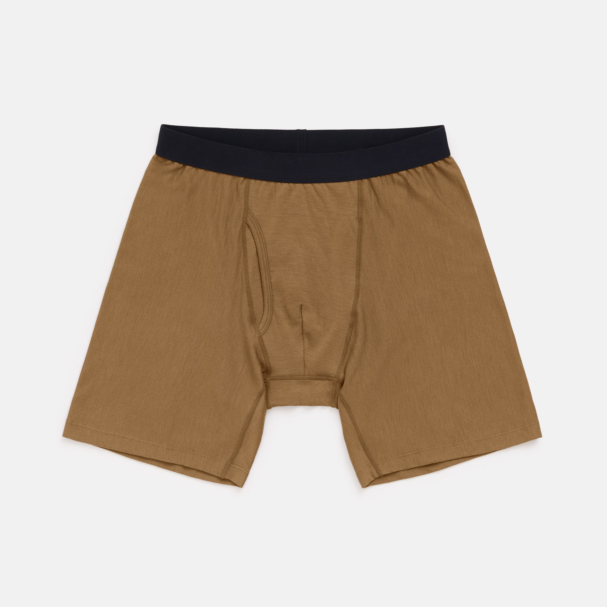 Laydown of merino wool Long Boxer Brief in Cedarwood, a dark mustard brown color. This is a men's boxer brief with a 6.5 inch inseam available in sizes XS-XXL. 