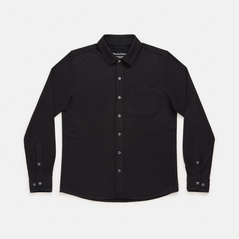 Merino Wool Pique Knit Button-down Shirt | Black | Wool&Prince