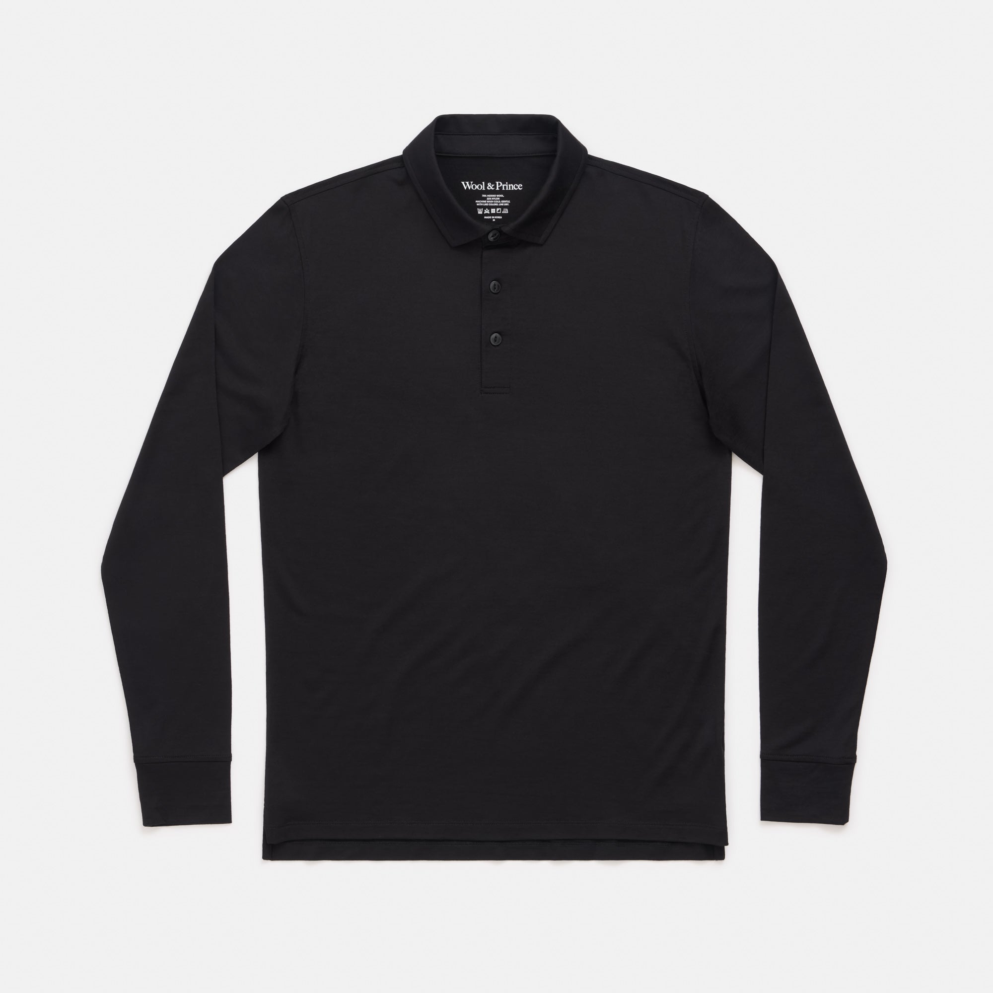 Merino Wool Long Sleeve Polo | Black | Wool&Prince