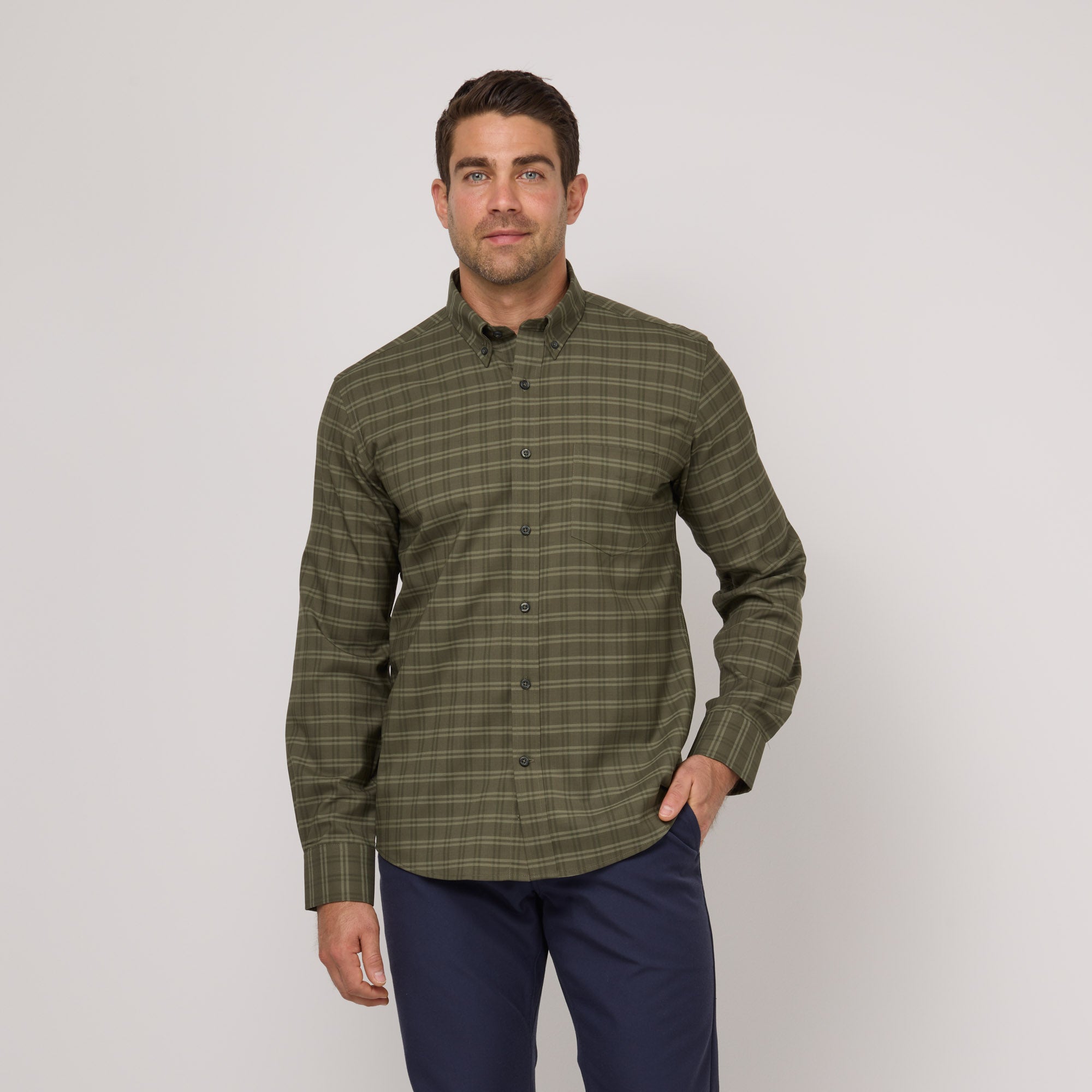 Merino Wool Button-Down Shirt | Tonal Green Plaid – Button