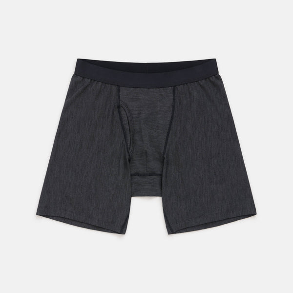 Laydown of merino wool Long Boxer Brief in Black & Gray End-on-End. This is a men's boxer brief with a 6.5 inch inseam available in sizes XS-XXL. 