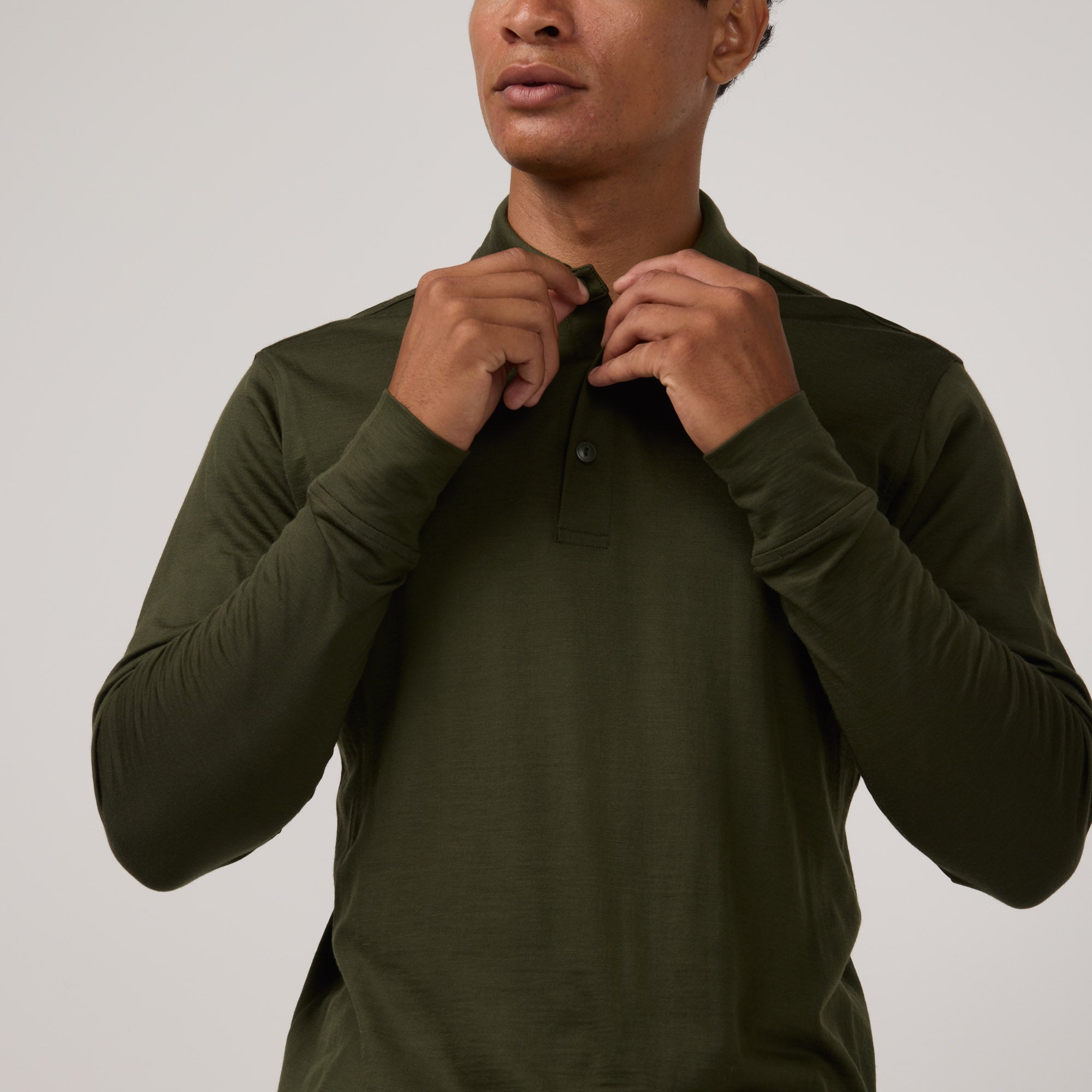 Signature Merino Wool Long Sleeve Polo | Forest Night – Long