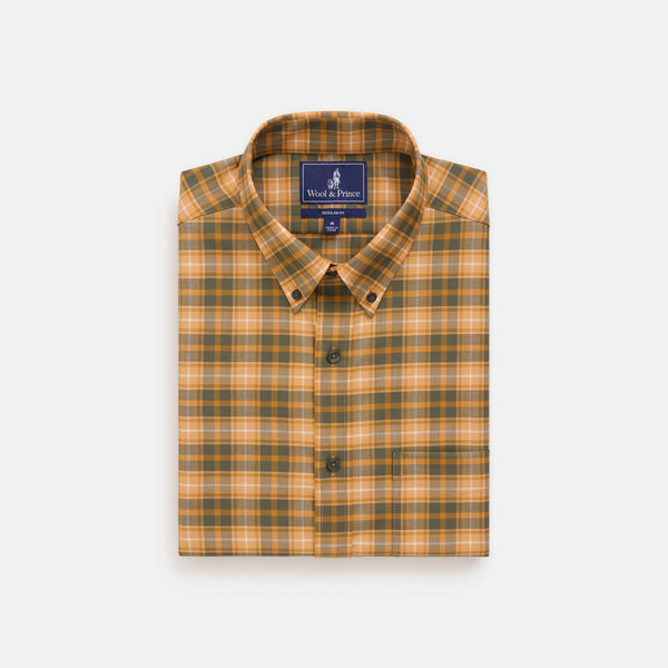 130 Merino Wool Button-Down Shirt - Ochre & Sage Green Plaid Button-Down Shirts | Wool&Prince 130 Merino Wool Button-Down Shirt - Ochre & Sage Green Plaid Button-Down Shirts | Wool&Prince