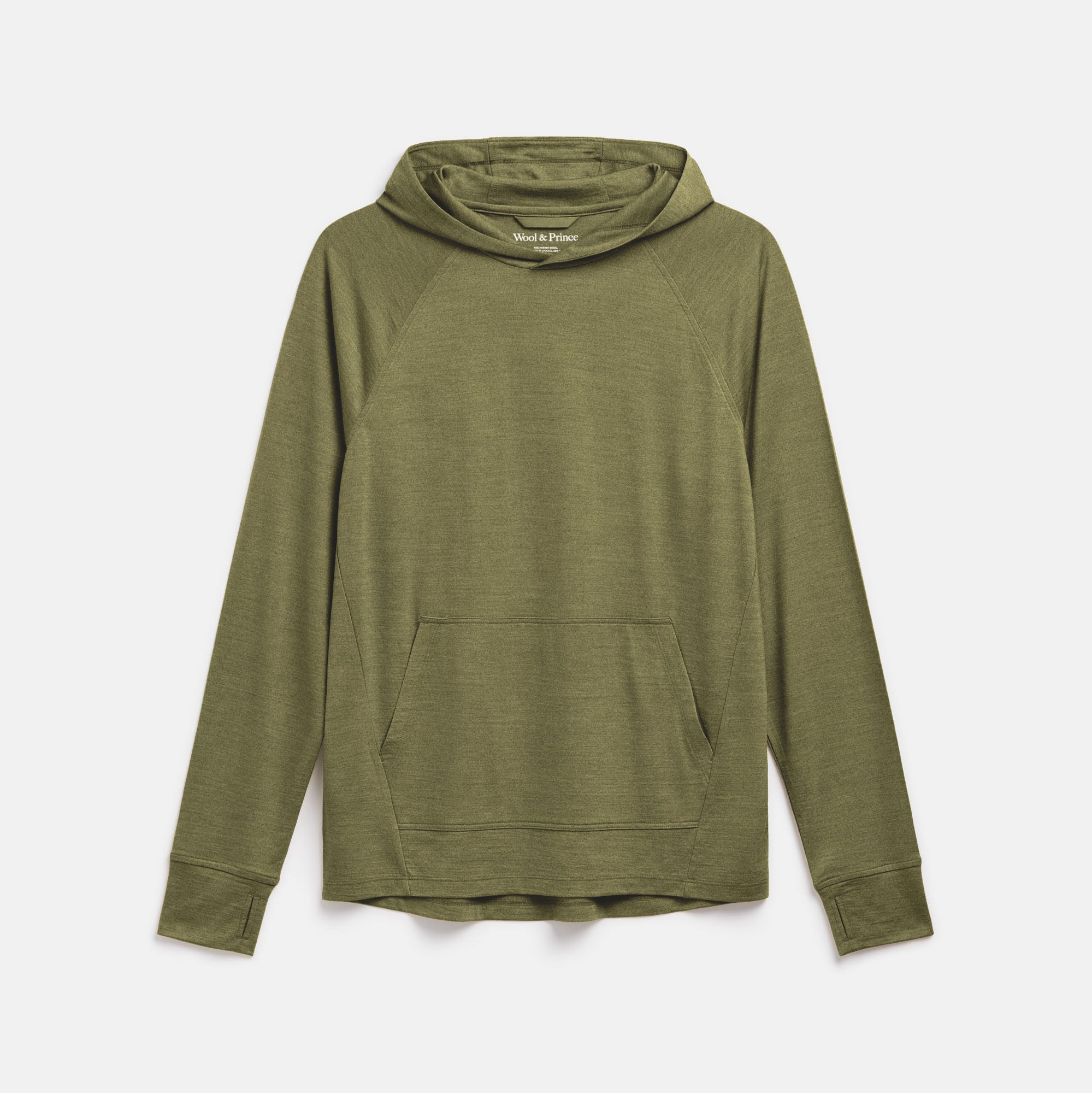 Laydown of merino wool TENCEL™ Sun Hoodie in Cool Olive Heather. This is a lightweight hoodie available in sizes XS-XXL. 