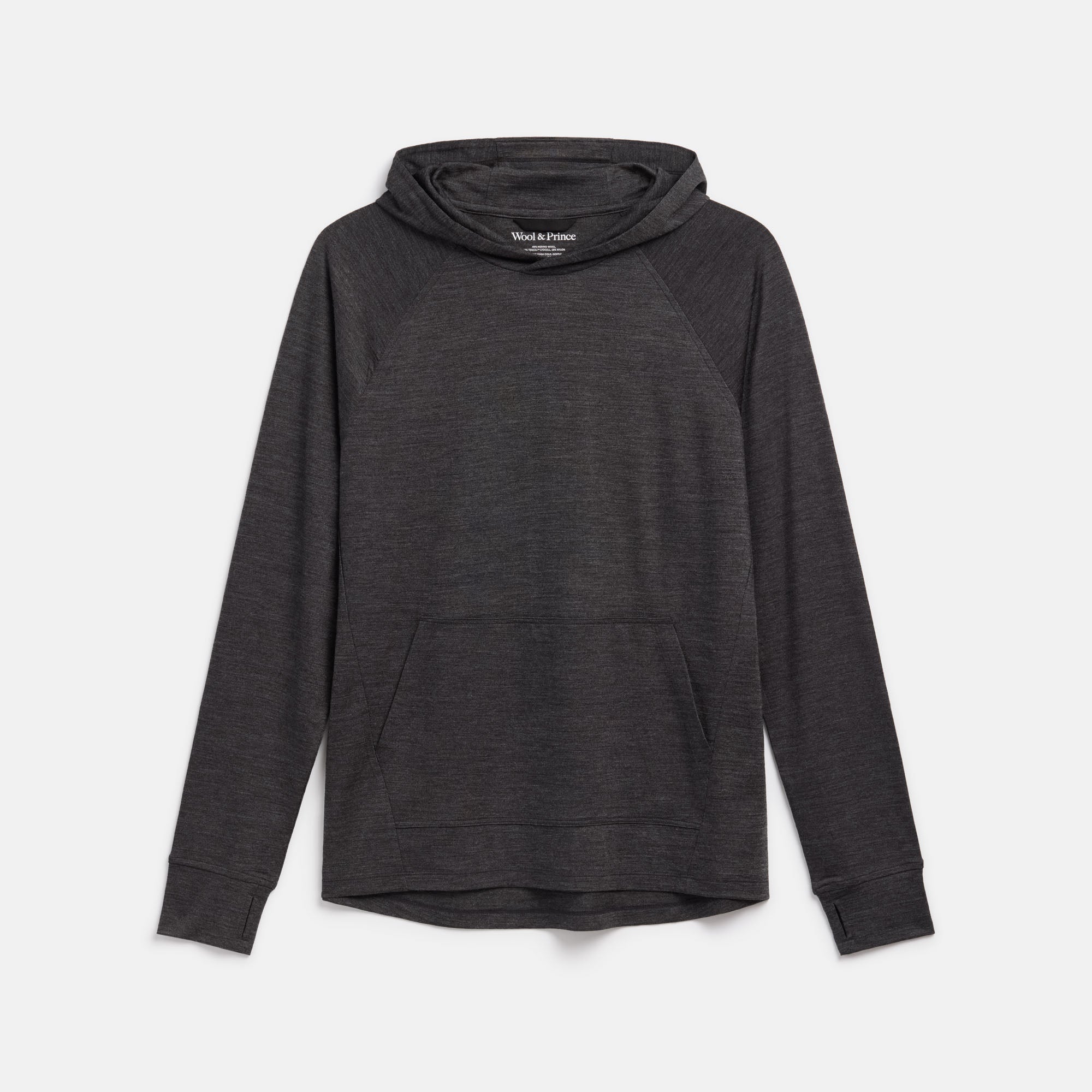Laydown of merino wool TENCEL™ Sun Hoodie in Black Heather. This is a lightweight hoodie available in sizes XS-XXL. 