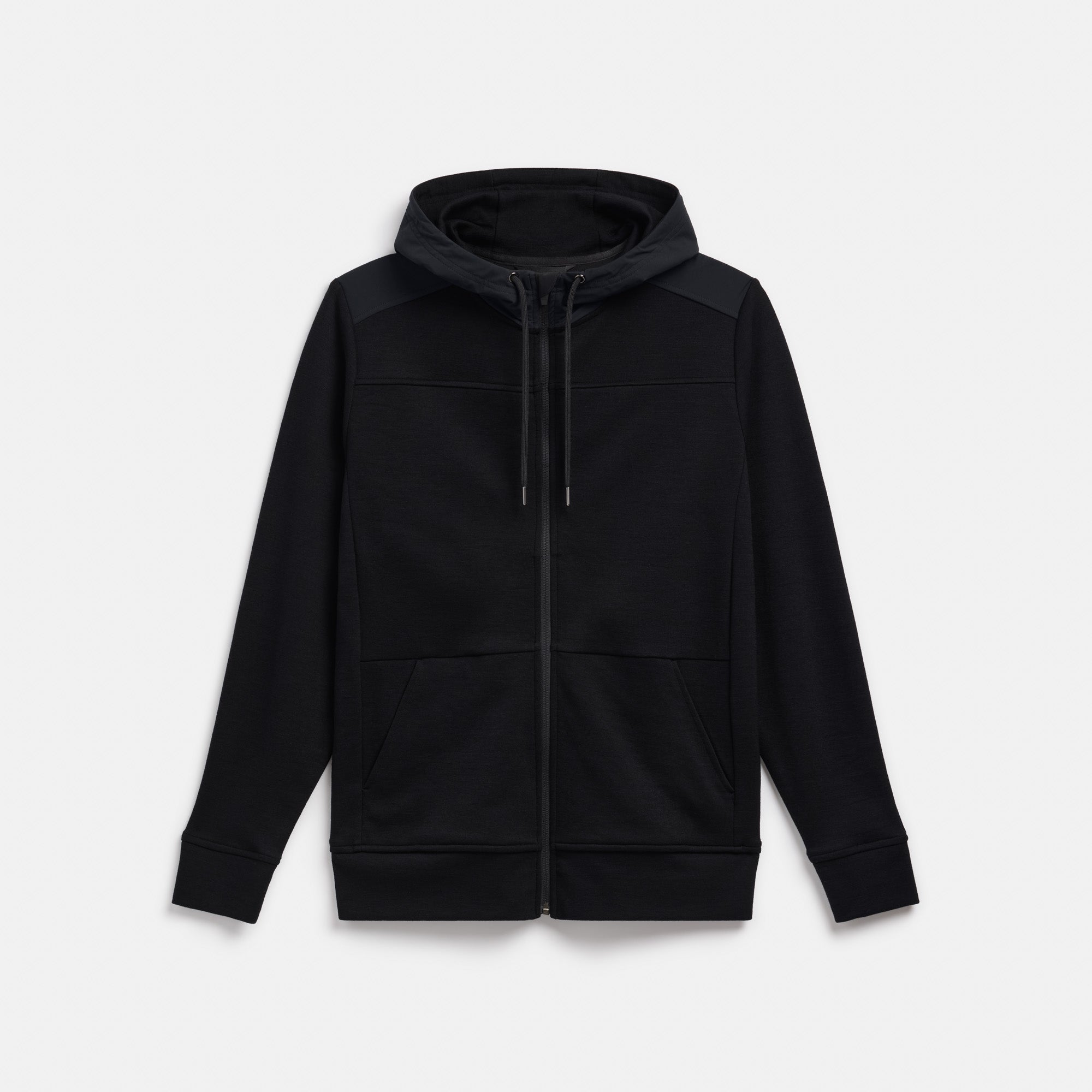 Laydown of merino wool Ponte Travel Hoodie in Black. This is a heavyweight full-zip hoodie available in sizes XS-XXL.