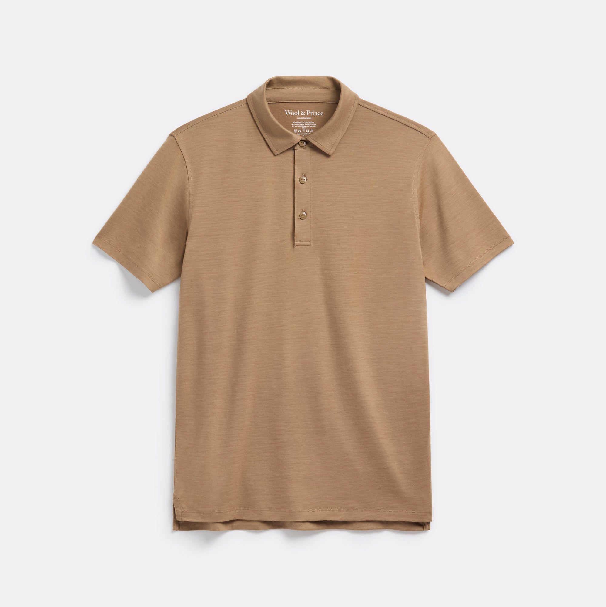 Laydown of 100% Merino Wool Polo Shirt in Cedarwood, a warm soft brown color. This short sleeve, crew neck t-shirt is available in sizes XS-XXL.