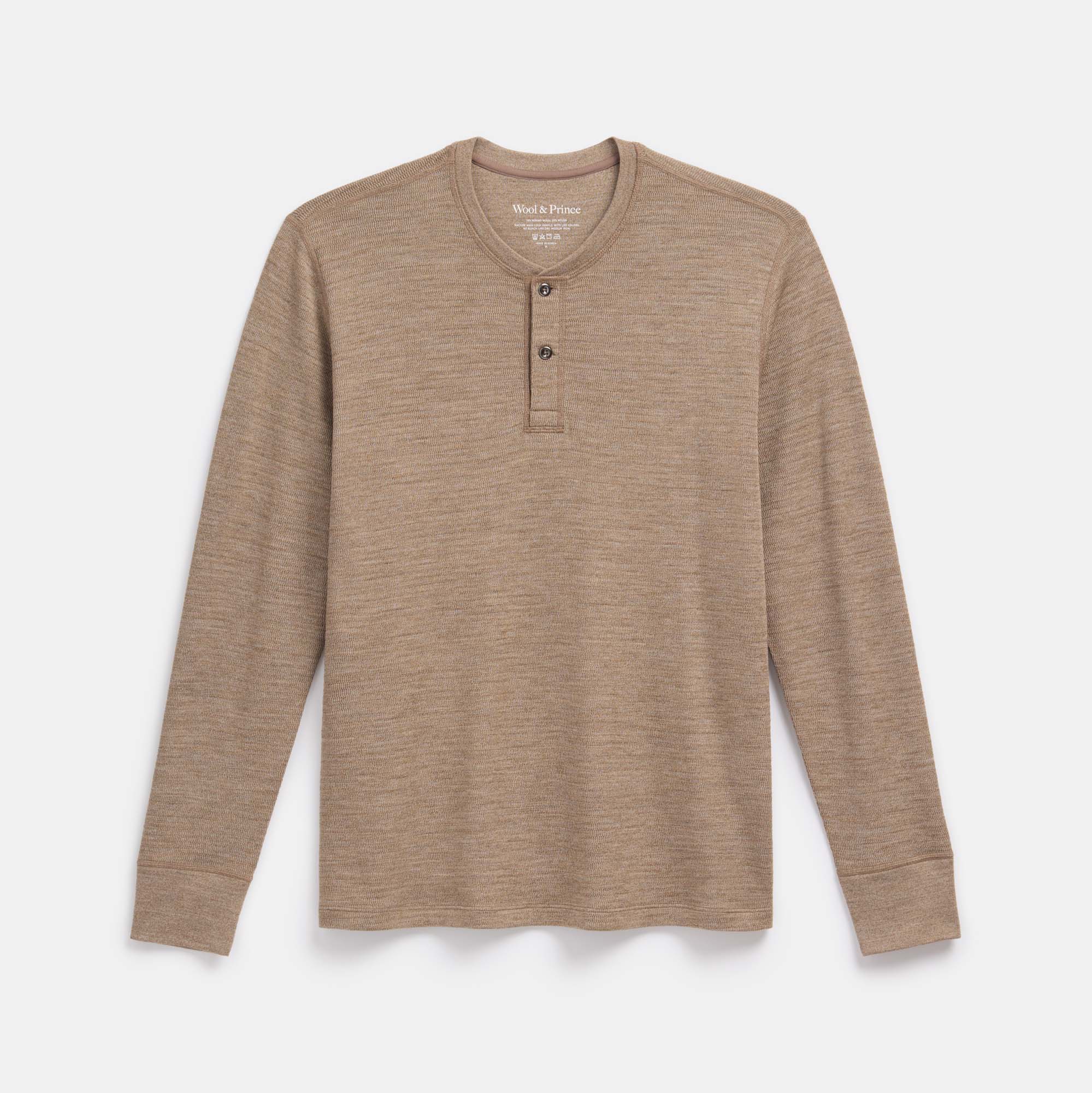 Laydown of merino wool Waffle Henley in Cedarwood Heather, a textured taupe-brown. This is a long sleeve, crew neck henley shirt available in sizes XS-XXL.