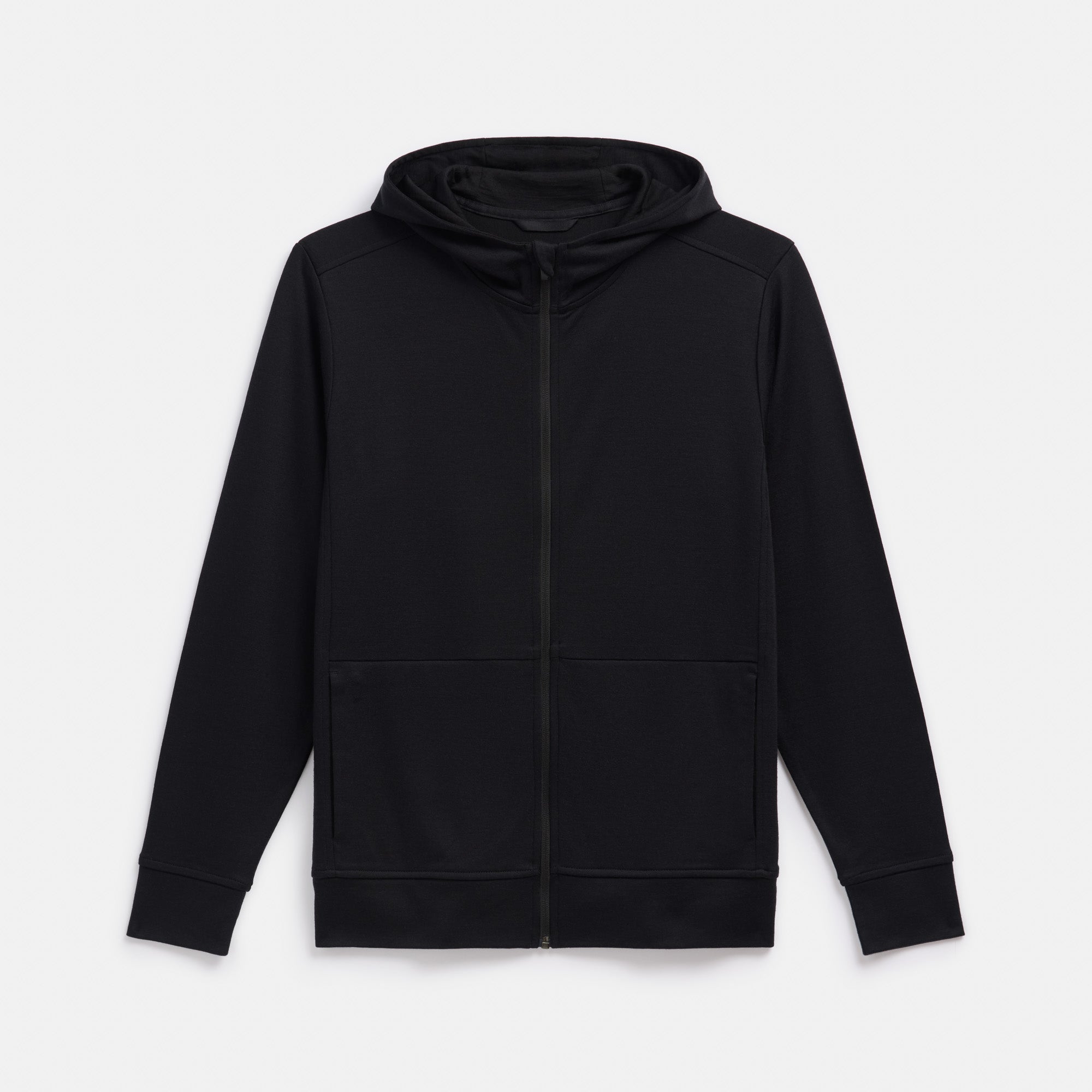 Laydown of merino wool Interlock Travel Hoodie in Black. This is a midweight full-zip hoodie available in sizes XS-XXL.