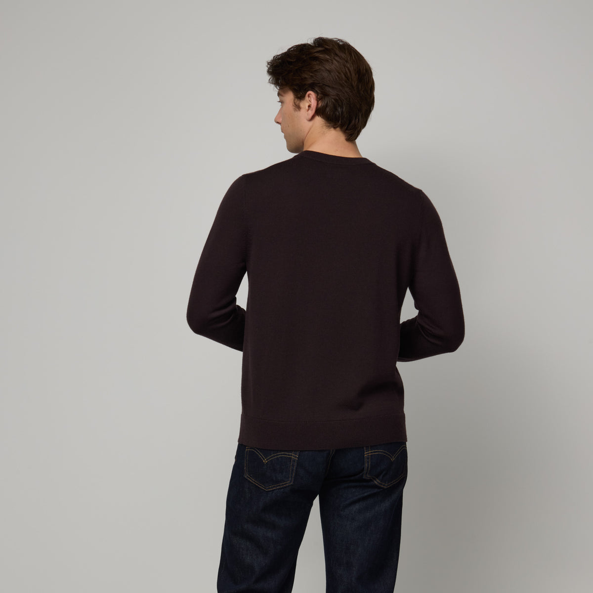 Model wearing 100% merino wool Crew Neck Sweater in Espresso, a dark brown color. This is a knit available in sizes S-XXL.