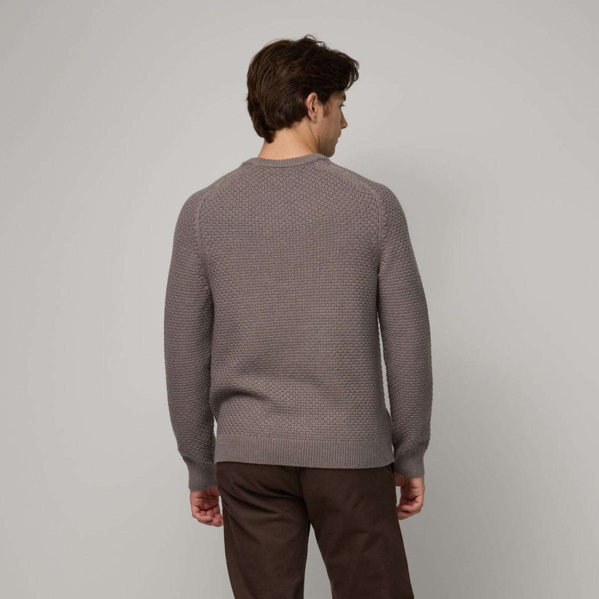 Model wearing 100% merino wool Textured Crew Neck Sweater in Brown Heather, a taupe brown color. This is a knit available in sizes S-XXL.