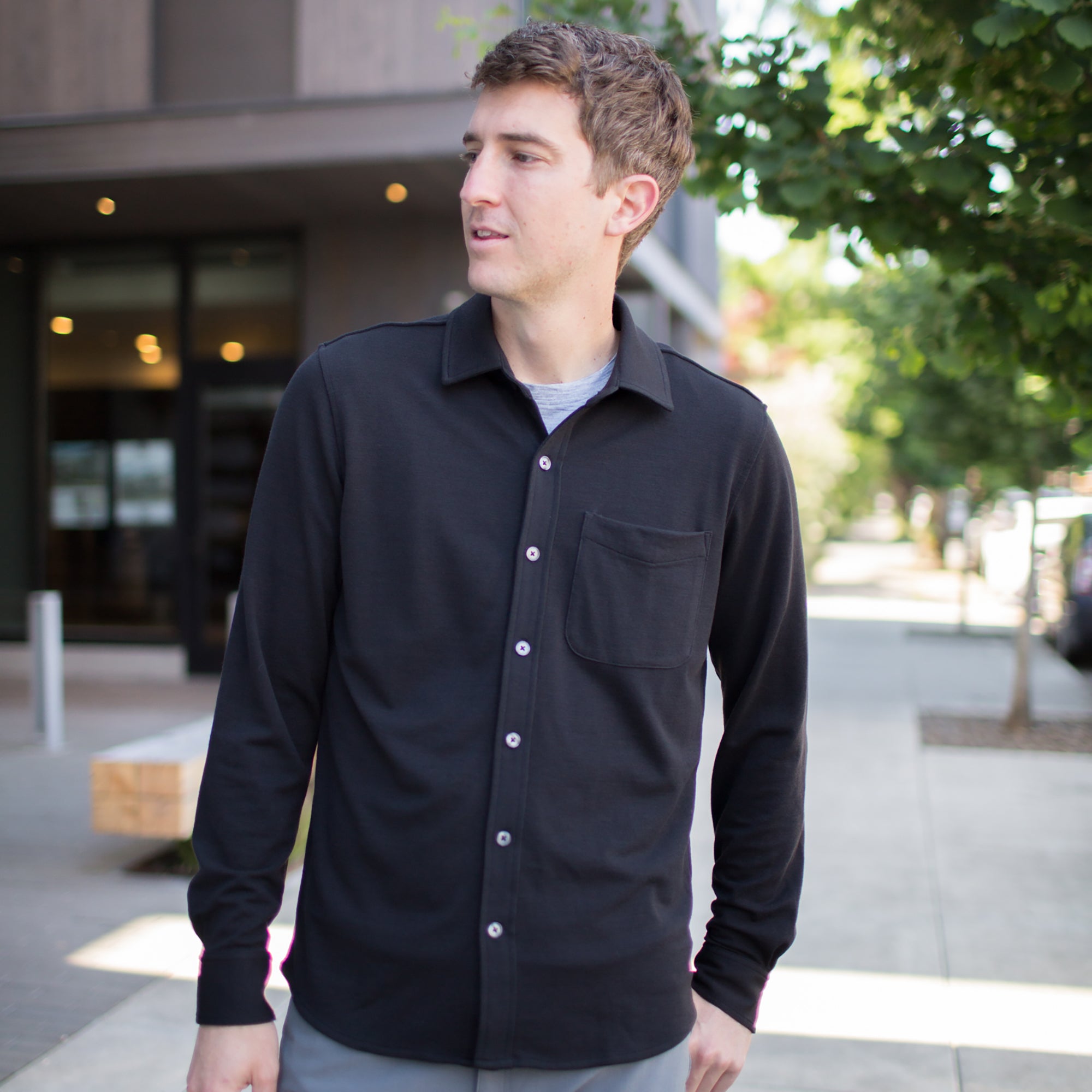 Merino Wool Pique Knit Button down Shirt Black Knit Button Downs Wool Prince